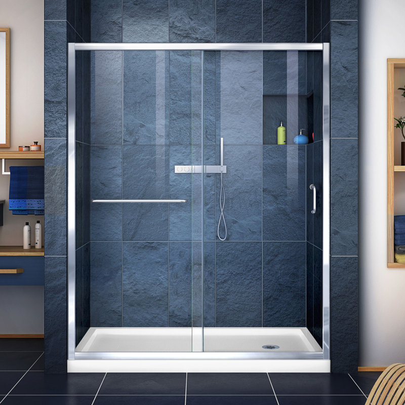DreamLine Infinity-Z P 32 po x l 60 po x H 74 3/4 po, porte de douche coulissante semi-sans cadre en noir mat avec base de douche blanche à drain à droite