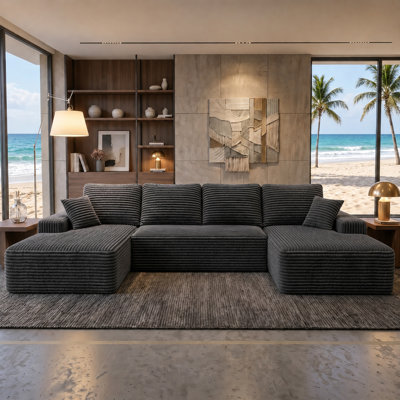 Compression-Boneless 131" U-Shaped Modular Sectional Sofa With 2 Chaise Lounges And 1 Loveseat, Convertible Corduroy Couch, Compression Sofa No Assembly Required, Adjustable Pillow Back for Living Room,Grey