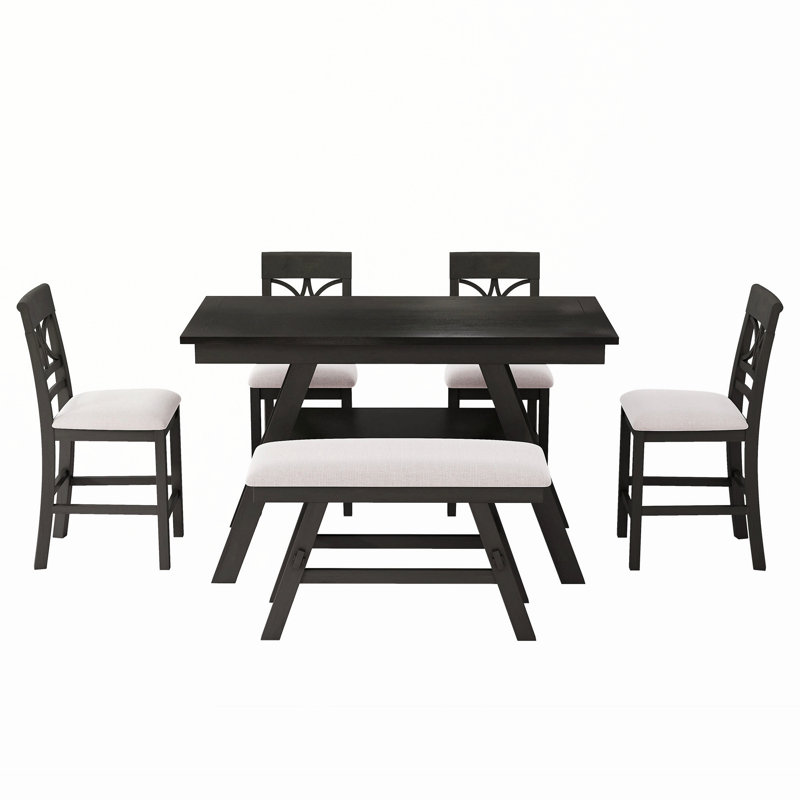 Ensemble de salle à manger 6 pièces à hauteur de comptoir avec tablette de rangement, banc et 4 chaises, Espresso
