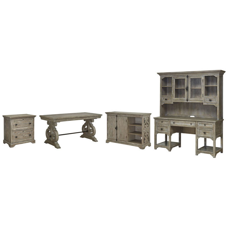 Writing Desk With Lateral File Printer Stand Credenza And Hutch, 4 Pieces: Desk, 2 Cabinets, Credenza