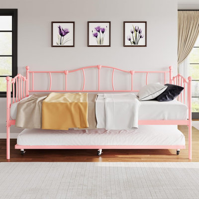 Daybed with Trundle Bed, Twin Size Day Bed with Pull-Out Trundle, Daybed with Love-Heart Headboard, Steel Slat Support, Metal Sofa Day Bed for Living by Mercer41
