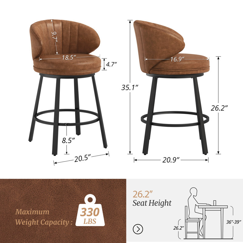 Matisse 26'' Swivel Bar Stools with Metal Legs and Footrest, Brown, 3