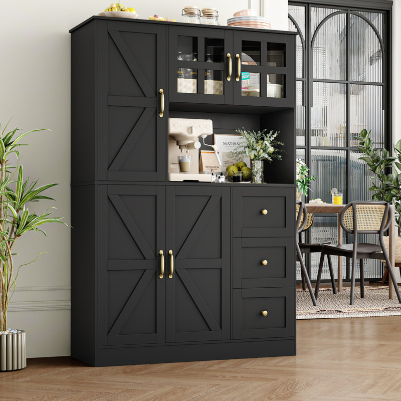 61.8" Kitchen Pantry Cabinet with Microwave Shelf, Food Pantry with Adjustable Shelf, Black