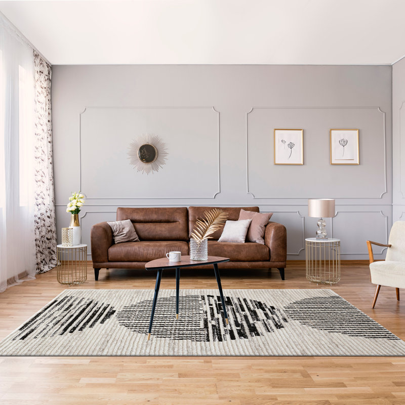 Tapis d'intérieur en polyester à rayures beige / noir Wrought Studio ™ Morium Malva, Rectangle 7 pi 10,49 po x 9 pi 10,11 po