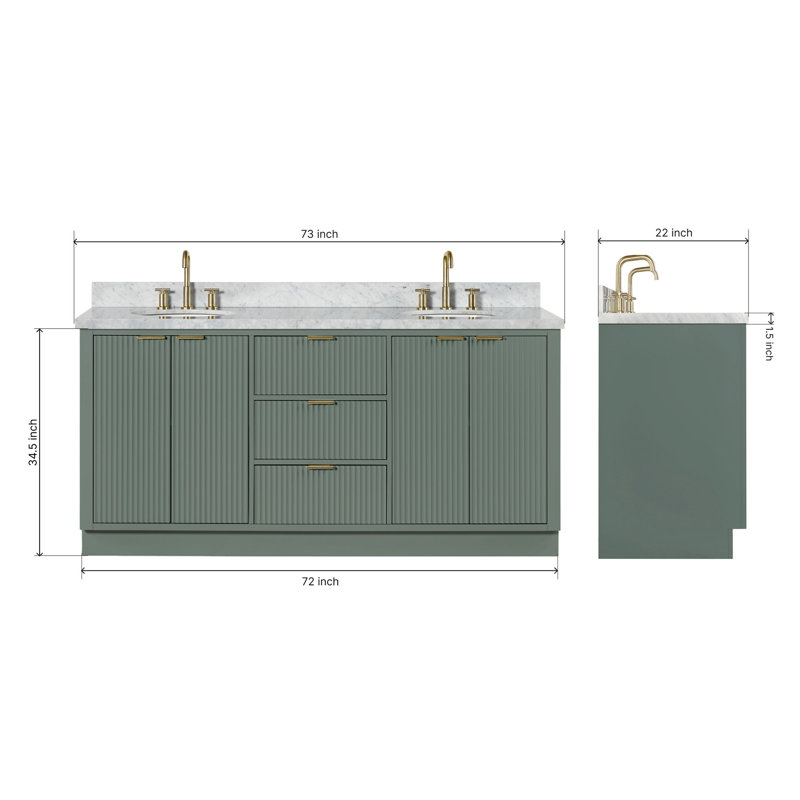 Meuble-lavabo double en bois massif 72 po avec plateau en marbre de Carrare Haun 72 po, Ovale, Vert rétro