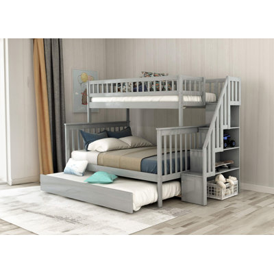 Lit simple superposé au dessus d'un lit double avec lit gigogne et rangement, aucun sommier requis, gris