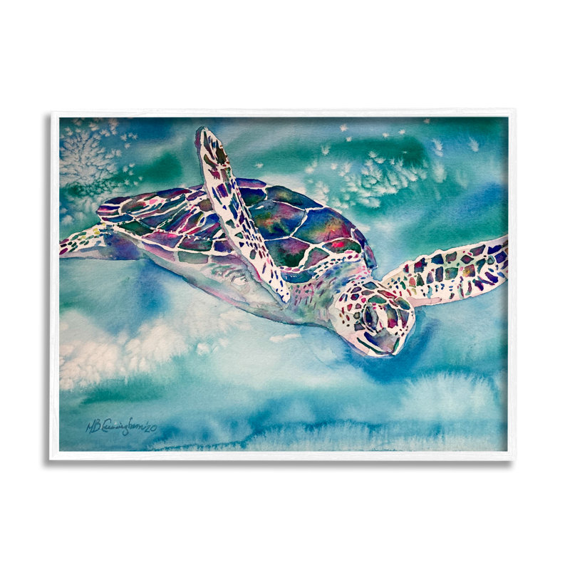 Tortue de mer nageant dans l'eau, aquarelle, reptile par MB Cunningham - Peinture, H 16 po x l 20 po x P 1,5 po