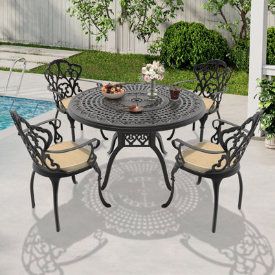 Hedda 47.24 -inch Round Table Cast Aluminum Outdoor Dining Set with Umbrella Hole and Beige Cushions
