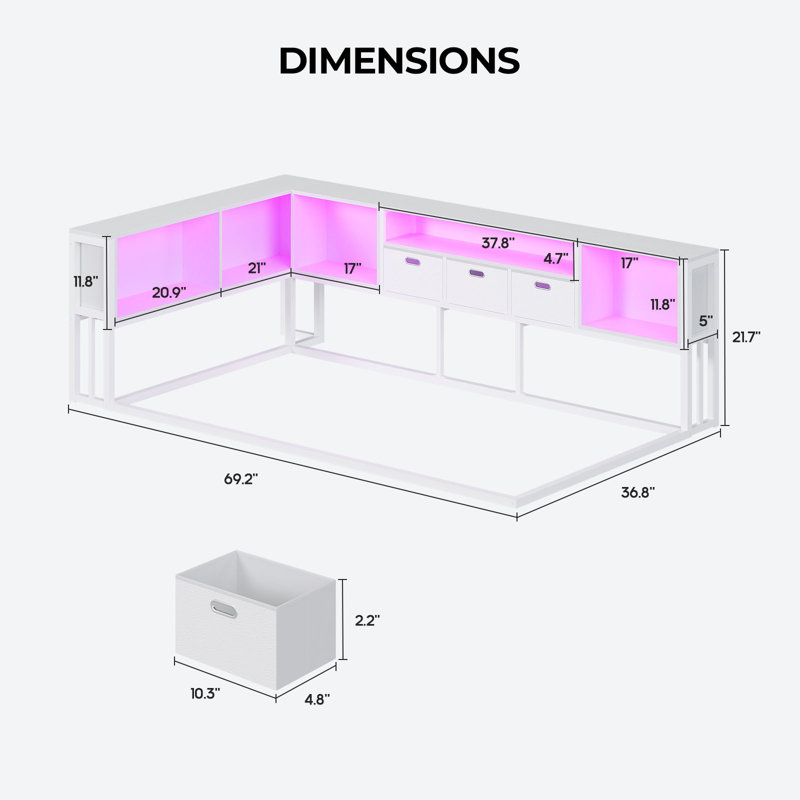 Cadre de lit d'angle avec 3 tiroirs de rangement en tissu et une bibliothèque à 5 grilles, blanc, Lit simple, Blanc