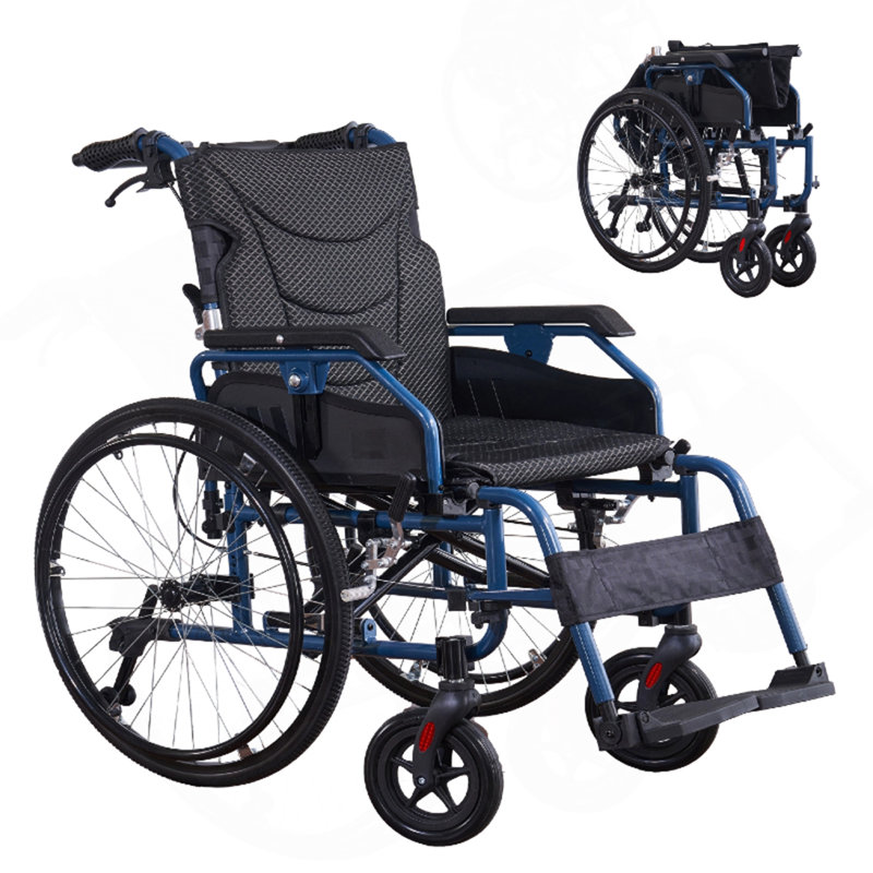 Fauteuil roulant manuel multifonctionnel en aluminium. Frein à main. Roue détachable rapide de 24 pouces. Main courante ajustable à un bouton, bleu clignotant