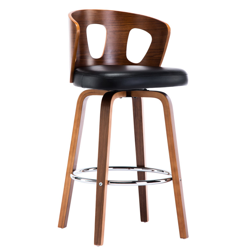 Siège pivotant de 26 pouces de style Mid-Century moderne, similicuir noir, dossier noyer, repose-pieds, idéal pour les espaces de cuisine