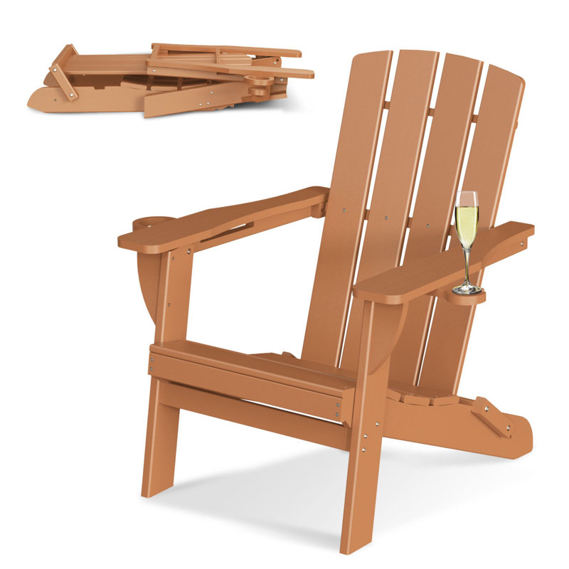 HDPE Folding Adirondack Chair With Cup Holder, Teak