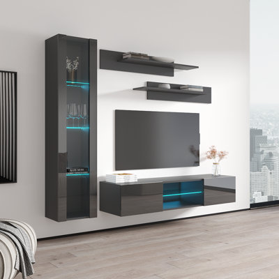 Letson 85" Modern Floating Wall Mounted Entertainment Center with 16-Color LED Lighting, High Gloss Finish