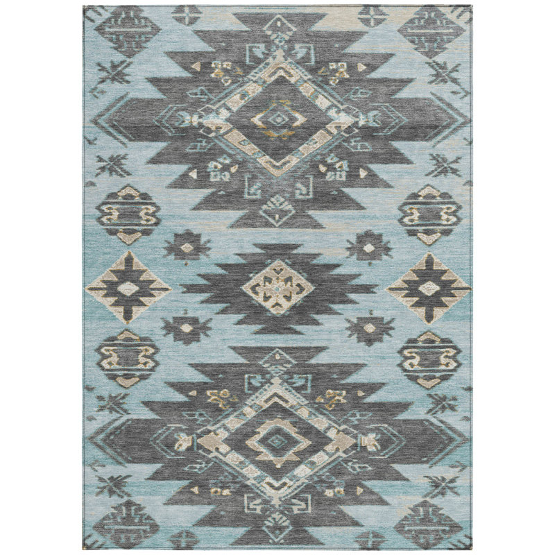 Tapis d'extérieur lavable bleu sarcelle et gris anthracite 5 pi x 8 pi
