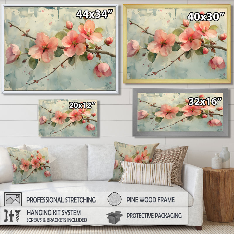 «Pink Apple Blossom Delicate Bloom», reproduction d'art murale, H 30 po x l 40 po, Toile tendue