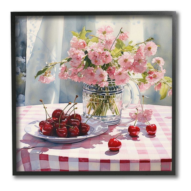 «Spring Still Life on Plaid», estampe numérique encadrée par RB, Giclée encadrée noir minuit, H 17 po x l 17 po