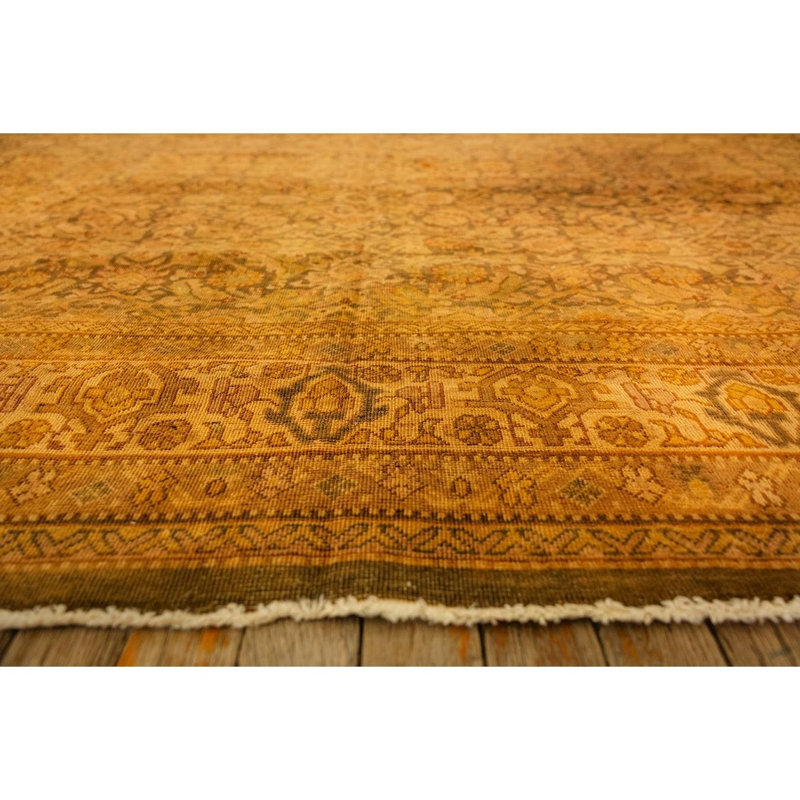 1930s Gold Herati Traditional Geometric Antique Knotted Wool Indian Runner Rug