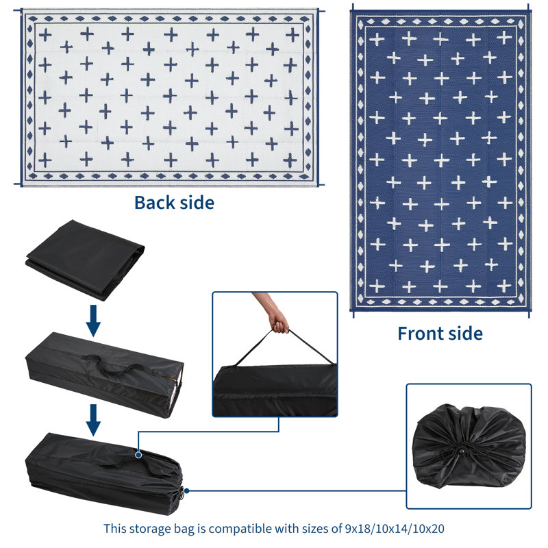 Garvee Geometric Outdoor Rug 9x12, Reversible Waterproof Plastic Straw Area Mat for Patio, RV Awning, Garden, Deck, Balcony, Camping and Beach,Dark Blue