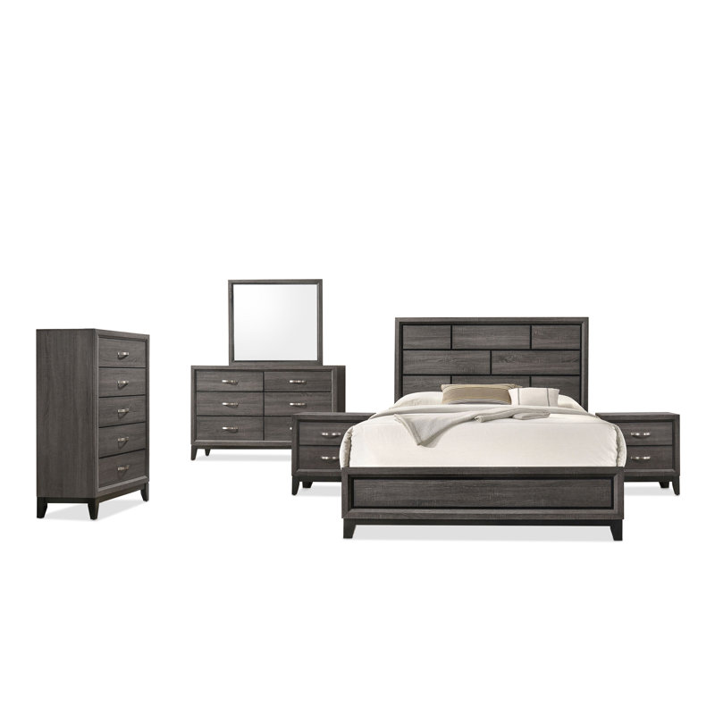 Ferris Beeson 5-Piece Bedroom Set, Très grand lit, Noir/gris, Trois pièces : lit et deux tables de chevet