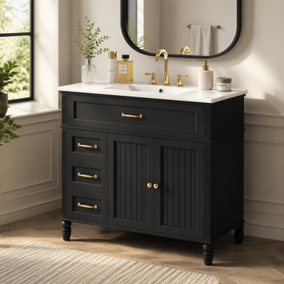[Video] 36" Bathroom Vanity with Sink, Bathroom Cabinet with Drawers, Solid Frame and MDF Board, One Package, Black(same SKU: N725P195410B)