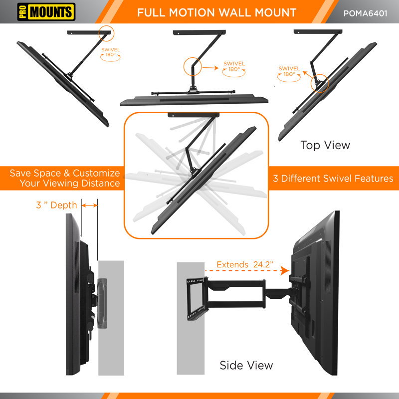 Black Full Motion Outdoor TV Wall Mount for 32"-75" Screens