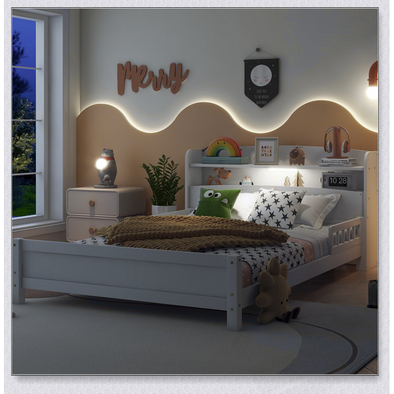 Lit double en bois de pin avec tête de lit bibliothèque, capteur de mouvement à DEL et garde-corps, parfait pour les chambres modernes et confortables