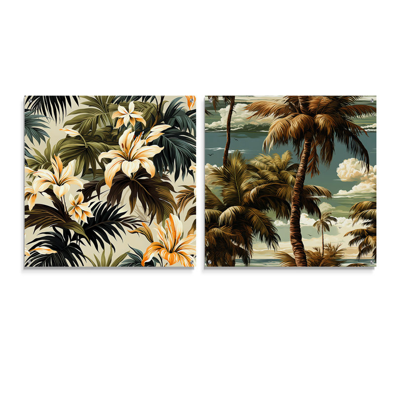 Coconut Grove Tropical Pattern - Coastal Tropical Acrylic Wall Art Glass Set Of 2, 16" H x 33" W