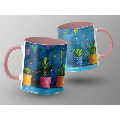 Kids Drawing Style 11oz Accent Mugs – Ceramic Coffee Cup with a Pink Handle and Interior