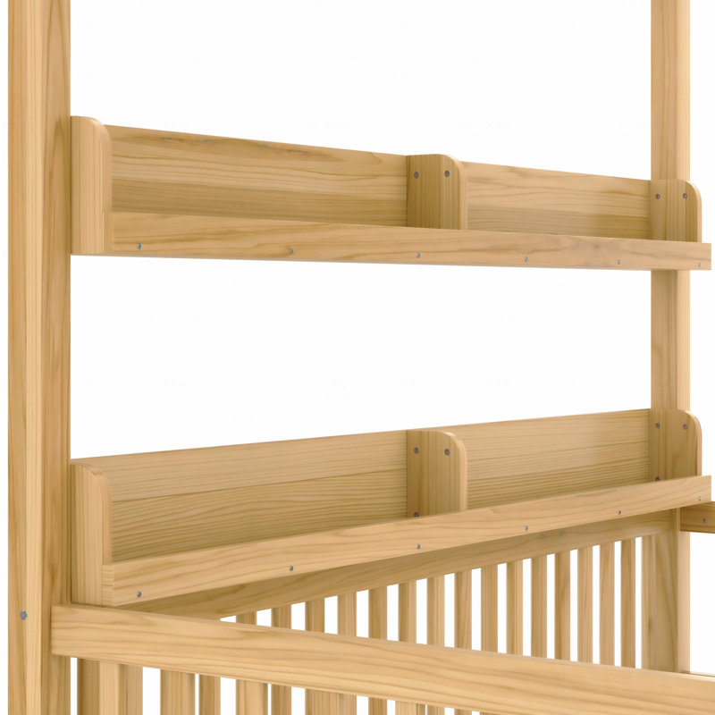 Twin Size Canopy Bed Frame With Guardrails, Solid Wood Materialen Frame Material Floor Bed Frame With Shelves, Montessori Floor Bed Frame For Kids Room Use, Boys, Girls, In Natural Finish