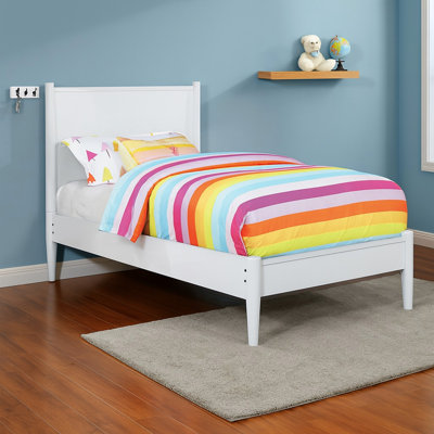 Mid-Century, lit simple, lit en bois blanc, pieds fuselés, ensemble de lattes, croissance, plateforme sans sommier nécessaire, esthétique Mid-Century, couleur,