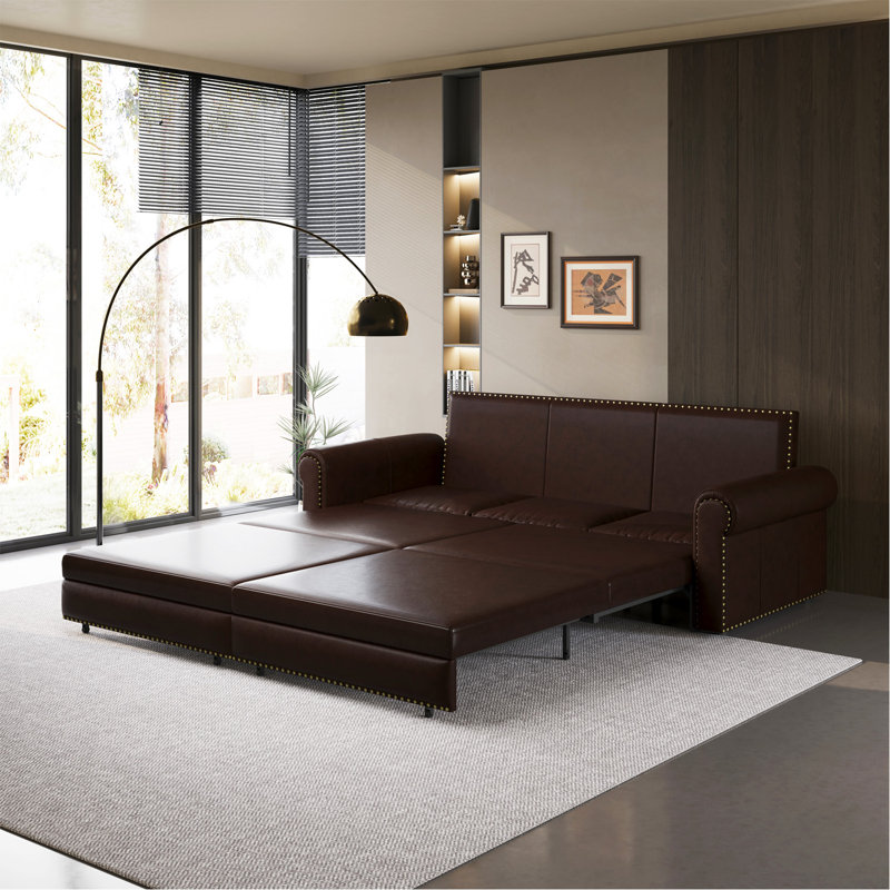Canapé Chesterfield, canapé-lit gigogne de 93,7 po, canapé-lit convertible 3 en 1 en similicuir avec garniture cloutée et accoudoirs roulés, canapé-lit multifonctionnel, brun foncé