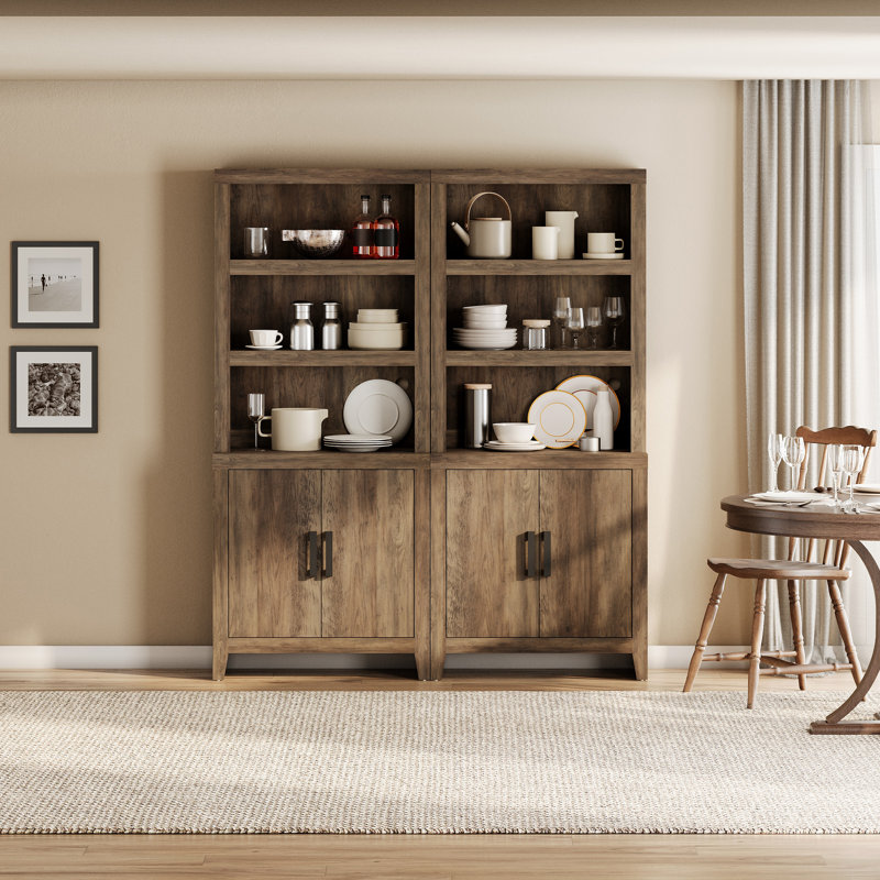 74" Tall Bookshelf With Door, Farmhouse Bookcase With Adjustable Shelf And Storage Cabinet, Library Wooden Bookshelf For Living Room, Office, Brown, Set Of 2