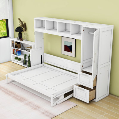 Lit escamotable double à 2 tiroirs avec garde-robe latérale, tablette supérieure et rangement sous le lit
