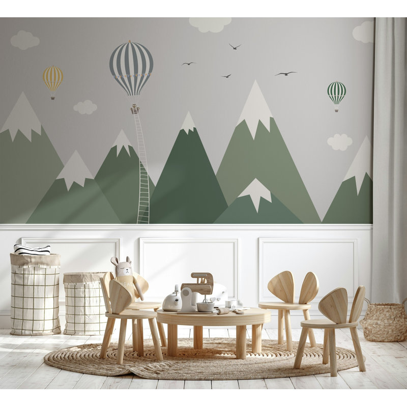 Papier peint amovible Snowy Green Mountains, montgolfières, nuages, oiseaux, L 98,04 po x L 120 po