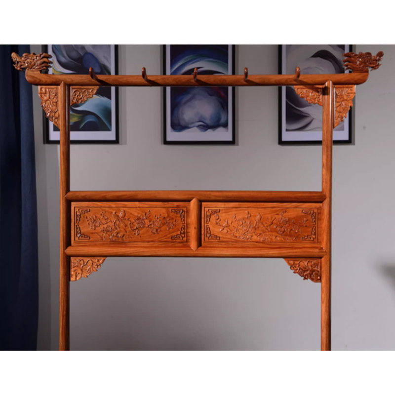 Solid Rosewood Coat Rack with Hooks, Yellowish/Brown