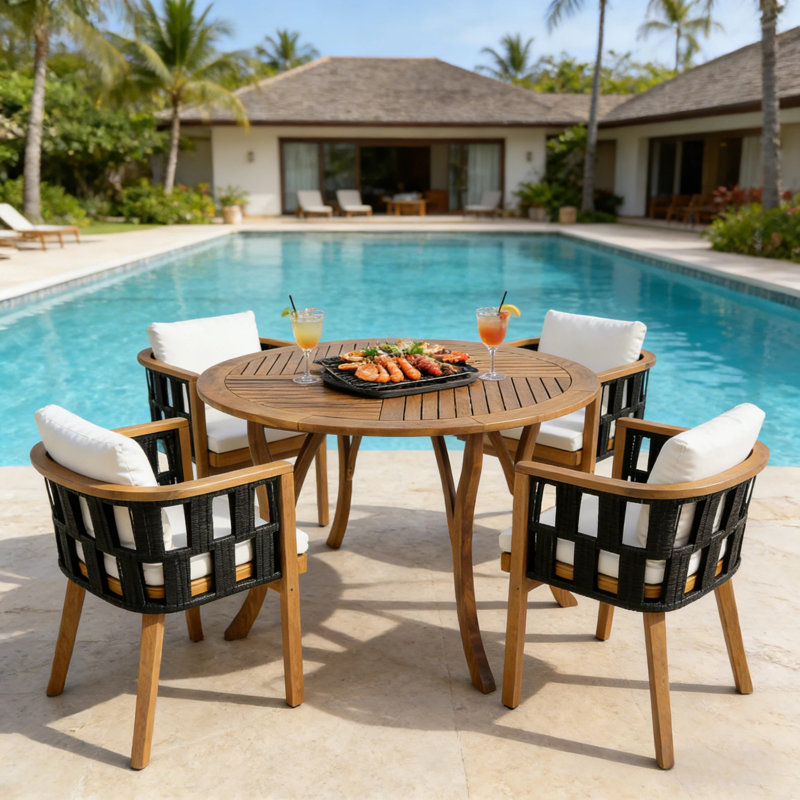 Patio 5-Piece Acacia Wood Round Dining Set With Flat Rope & Cushions