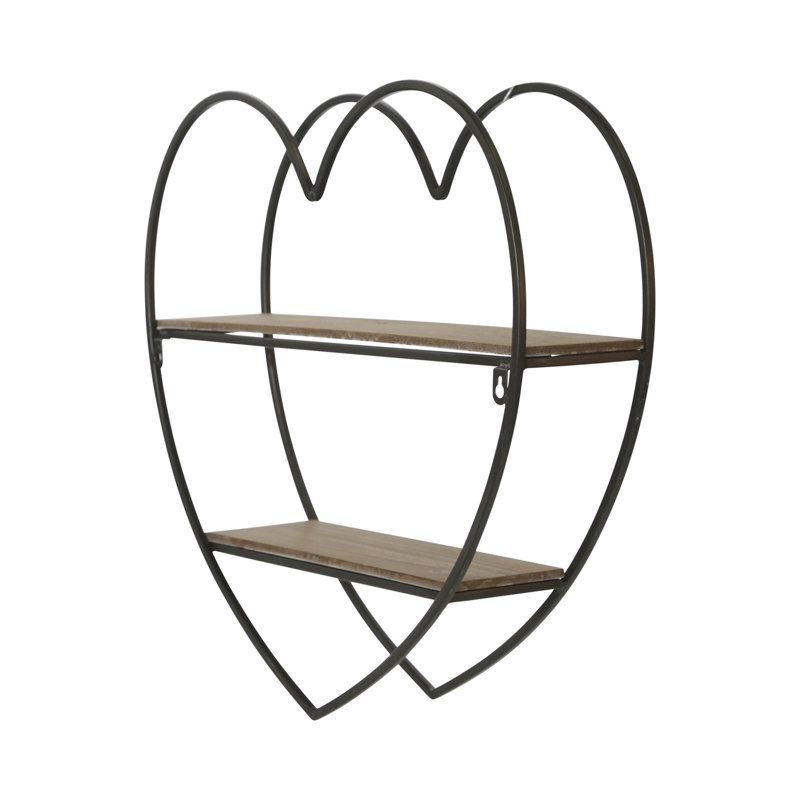 Elise Heart-Shaped Metal and Wood Wall Shelf with Iron Frame and Plywood Shelves, Decorative Hanging Storage with Sturdy Design for Functional Display