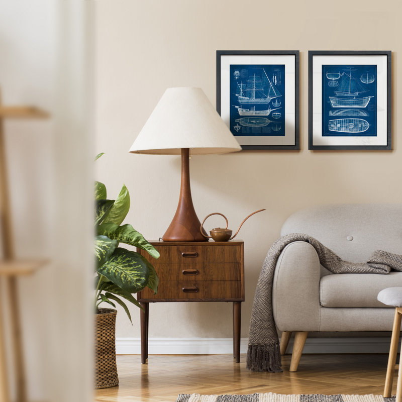 «Antique Ship Blue Print», ensemble de 2 reproductions d'art sur papier encadrées