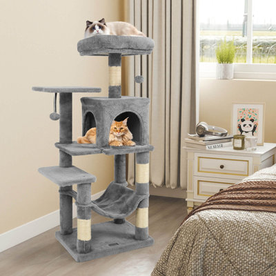 44” Tall Multi-level Cat Tree with Cushion Top Perch, 2-Entrance Large Cat Condo Light Grey