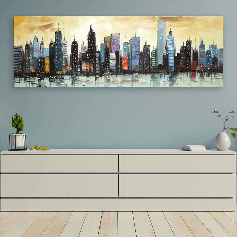 « horizon on abstract cityscape », reproduction de peinture à l’acrylique sur toile tendue, H 20 po x l 60 po x P 1,5 po