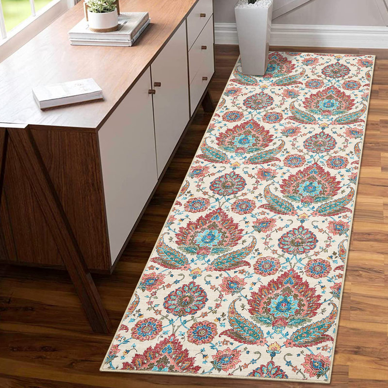 Floral Machine Washable Rug with Rubber Backing for Living Room Vintage Non-Slip Dining Room Rug Easy-Cleaning Floor Carpet for Bedroom