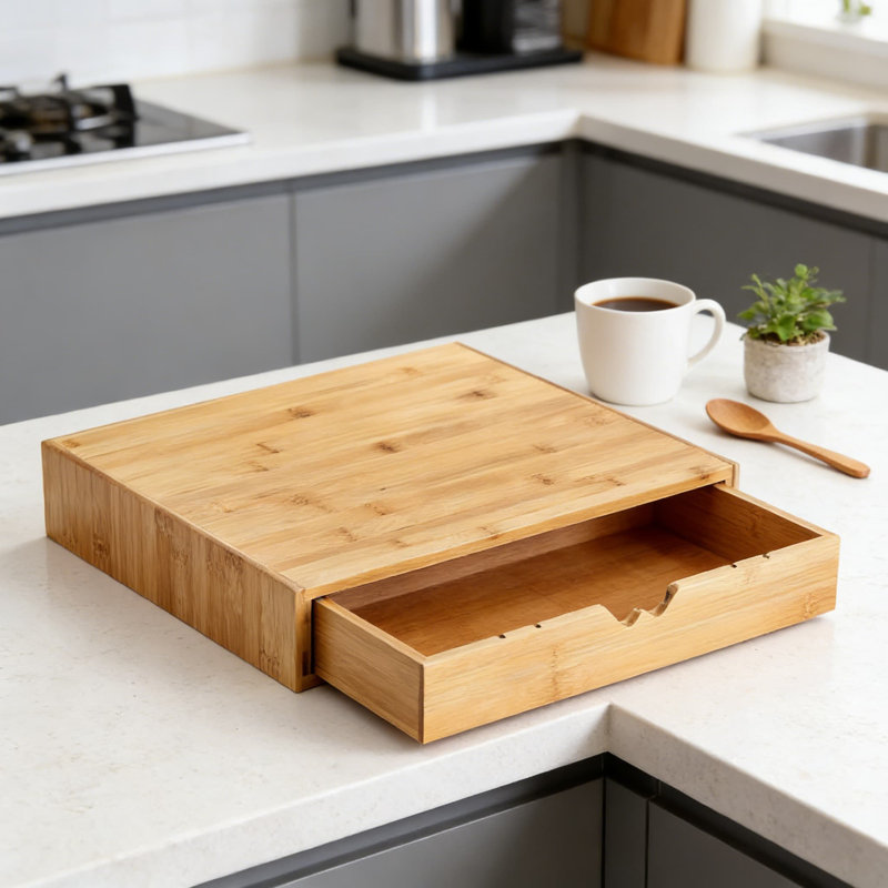 Organisateur de sachets de thé et de dosettes en bambou avec tiroir séparateur amovible pour comptoir de cuisine, bureau ou station de café - Rangement fonctionnel pour la vaisselle et les cosmétiques