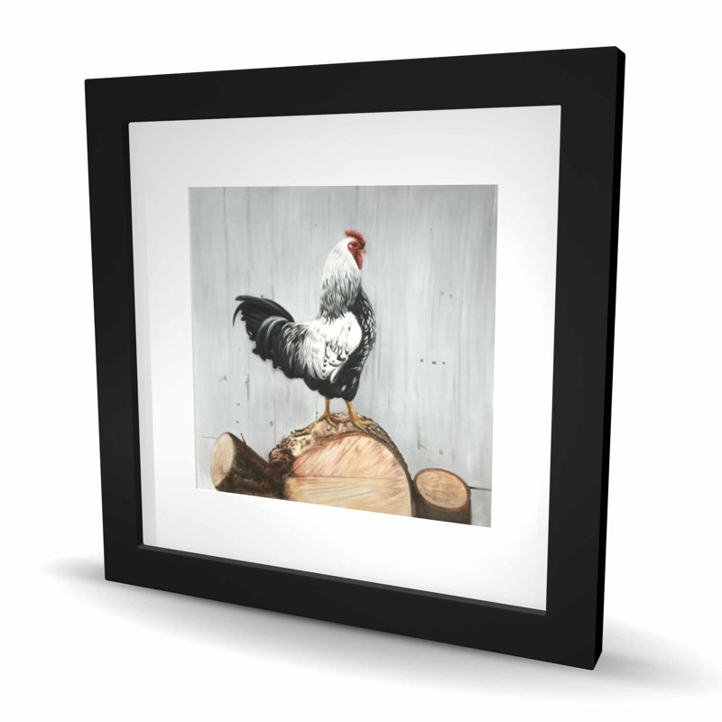 Wyandotte coq imprimé - blanc rustique encadré Home Decor, H 16 po x l 16 po, Noir