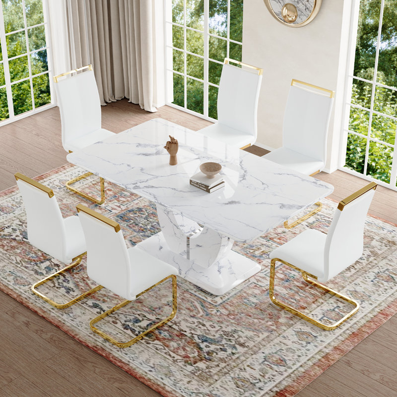 Ensemble de table de salle à manger, Blanc / doré, Marbre blanc, 7 pièces