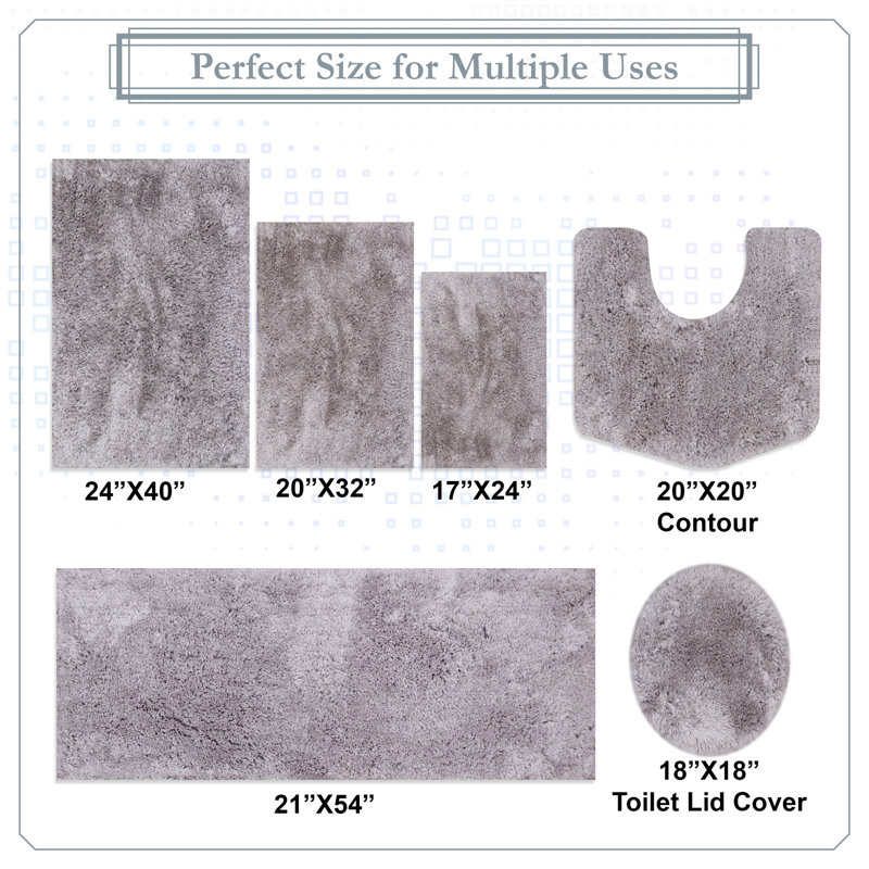 Grandeur 6-Piece Microfiber Bath Rug Set, Non-Slip Rubber Backing, Ultra-Absorbent, Machine Washable Bathroom Rugs for Shower, Tub, Toilet & Vanity, Quick-Dry Soft Plush Mats, Grey