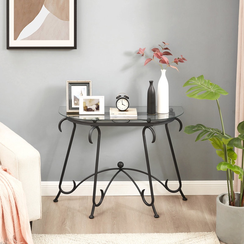 Table basse à surface en verre trempé avec construction robuste pour le salon (noir rustique)