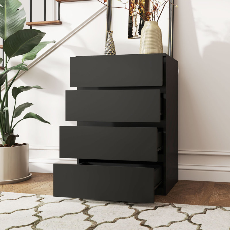 Commode de chambre à coucher, commode à 4 tiroirs pour chambre à coucher, Noir, noir, noir, noir