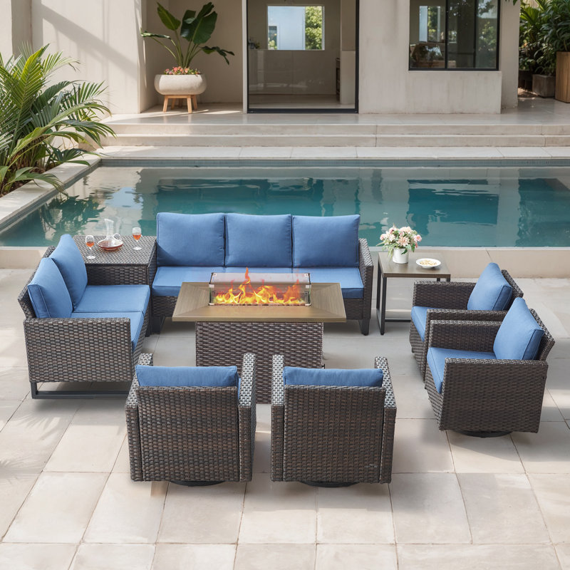 Ensemble de conversation de 9 pièces en forme de U pour terrasse d'extérieur en osier Ingvald, Bleu