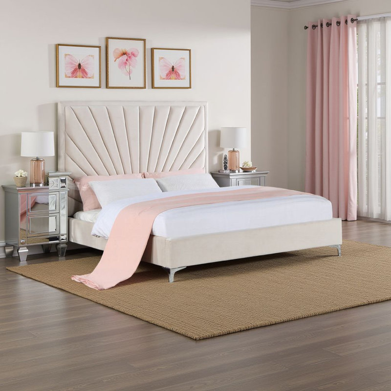Lit en bois moderne Brianie, tête de lit à panneau capitonné, beige, Grand