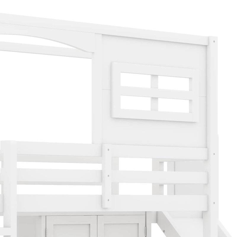 Twin Size Loft Bed With Wardrobe, Wood Loft Frame With Storage Shelves, Slide, Multifunctional Design And LED Light